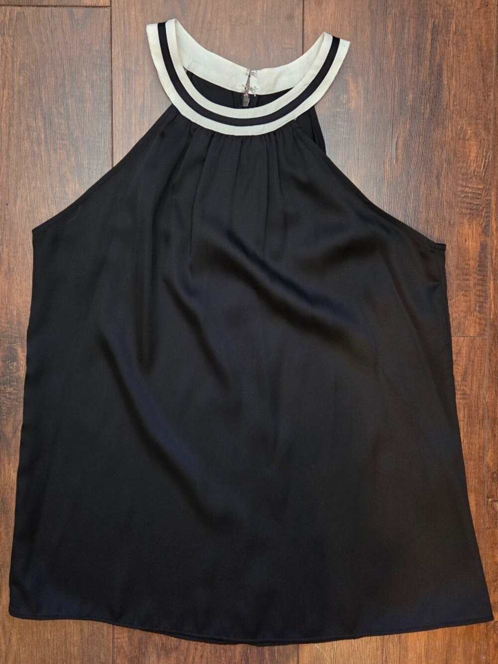 White House Black Market Black Halter Blouse Striped Collar Sz 2